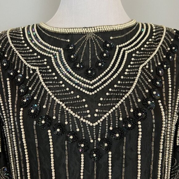 Vtg 80s Beaded Silk Blouse Silk Black White Stripe Small Boxy Oversized - Picture 2 of 11